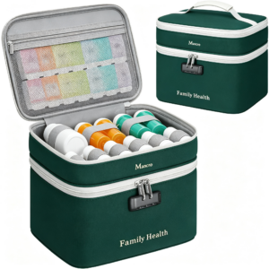 Mancro Lockable Medicine Bag, 2-Layer Pill Bottle Organizer Storage with Adjustable Dividers, Medication Travel Case for Pills, Vitamins & Supplements, Medicine Organizer for Dorm, Home Use and Trips