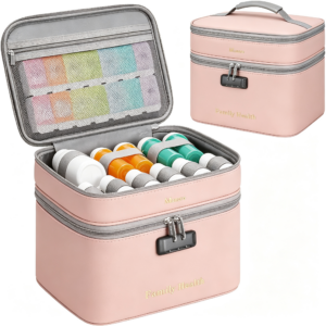 Mancro Lockable Medicine Bag, 2-Layer Pill Bottle Organizer Storage with Adjustable Dividers, Medication Travel Case for Pills, Vitamins & Supplements, Medicine Organizer for Dorm, Home Use and Trips