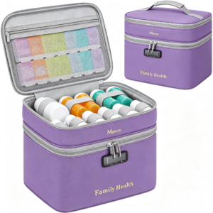 Mancro Lockable Medicine Bag, 2-Layer Pill Bottle Organizer Storage with Adjustable Dividers, Medication Travel Case for Pills, Vitamins & Supplements, Medicine Organizer for Dorm, Home Use and Trips