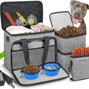 6 Set Dog Travel Bag, Large Pet Travel Kit for Supplies, Grey Includes 2 Food Containers, 1 Pet Organizer for Dogs, 2 Collapsible Bowls, 1 Treat Pouch, Dog Weekend Overnight Bag Luggage
